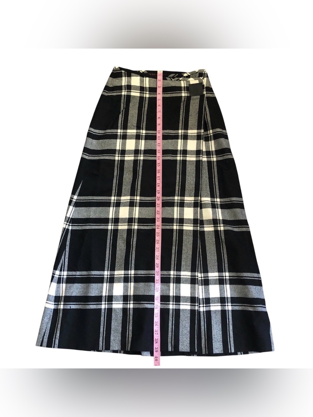 Vintage 90s Ralph Lauren Wool Plaid Maxi Wrap Skirt Tartan A-Line Black White 6 - Picture 10 of 10